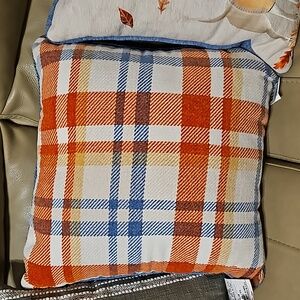 Fall Plaid Decor Throw Pillow Reversible Orange, Blue & Cream NWT